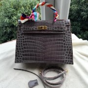 Copy AAA Hermes Kelly 32cm Shoulder Bag Croco Leather K32CO Grey VS09544