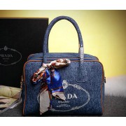 Copy Prada Logo Printed Mudium Canvas Denim Tote Bags BN2922 Royal VS05808