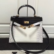 Fake Fake Hermes Kelly 28 Tote Bag Black and White Croco Leather HBC12 VS04736