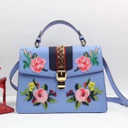 Gucci Sylvie Embroidered Leather Top Handle Bag Blue 431665 VS08893
