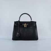 Hermes Kelly 28cm Shoulder Bags Black Grainy Leather Gold VS03363