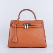 Hermes Kelly 28cm Shoulder Bags Orange Grainy Leather Silver VS07475