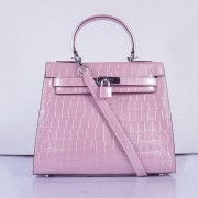 Hermes Kelly 28cm Shoulder Bags Pink Croco Patent Leather Silver VS03738