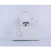Hermes Kelly 28cm Shoulder Bags White Grainy Leather Silver VS02784