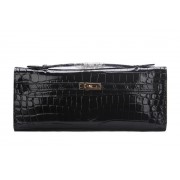 Hermes Kelly Clutch Bag Croco Leather K1002 Black VS09550
