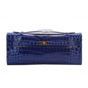 Hermes Kelly Clutch Bag Croco Leather K1002 Blue VS03565