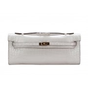 Hermes Kelly Clutch Bag Croco Leather K1002 White VS08932