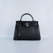 Knockoff Hermes Kelly 28cm Shoulder Bags Black Grainy Leather Silver VS01271