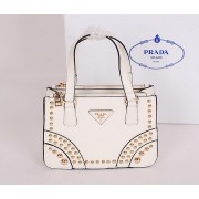 Prada Saffiano Leather Tote with Metal Studs B1142B OffWhite VS07342