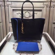 Saint Laurent Calfskin Shopping Tote Bag Black with Blue interior 372091 VS07695