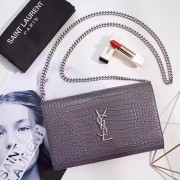 Saint Laurent Chain Wallet in Grey Crocodile Embossed Leather 377829 VS03301