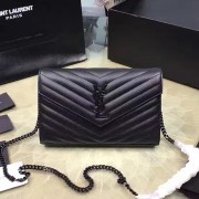 Saint Laurent Monogram Medium Grained Matelasse Leather Chain Wallet Black Y121290 VS07587