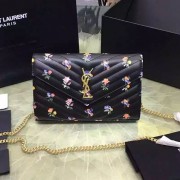 Saint Laurent Monogram New Prairie Flower Chain Wallet Calfskin Leather 377828 VS07501
