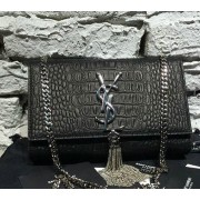 YSL Monogramme Cross-body Shoulder Bag Croco Leather 311218 Black VS07696