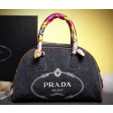 AAA Prada Logo Printed Mudium Canvas Denim Tote Bags BN2911 Black VS03170