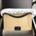 Best Chanel Medium Chevron Lambskin Boy Bag Beige A13043 VS00767