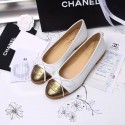 Chanel White Lambskin Ballet Flats Gold Cap Toe CH1610 VS01365
