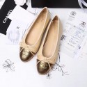 Copy Chanel Tan Lambskin Ballet Flats Gold Cap Toe CH1610 VS02962