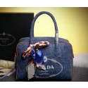 Copy Prada Logo Printed Mudium Canvas Denim Tote Bags BN2922 Royal VS05808