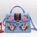 Gucci Sylvie Embroidered Leather Top Handle Bag Blue 431665 VS08893
