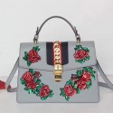 Gucci Sylvie Embroidered Leather Top Handle Bag Grey 431665 VS02830