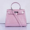 Hermes Kelly 28cm Shoulder Bags Pink Croco Patent Leather Silver VS03738