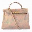 Hermes Kelly 32cm Shoulder Bags Beige Suede Leather Gold VS09683