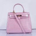 Imitation Hermes Kelly 28cm Shoulder Bags Pink Croco Patent Leather Gold VS01490