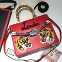 Luxury Knockoff Gucci Embroidered Tiger Lilith Leather Top Handle Bag Red 453750 VS01745