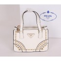 Prada Saffiano Leather Tote with Metal Studs B1142B OffWhite VS07342