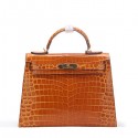 Replica Hermes Kelly 32cm Shoulder Bag Wheat Croco Patent Leather K32 Gold VS09858