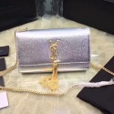 Replica Medium Kate Monogram Saint Laurent Tassel Satchel in Silver Metallic Leather 354119 VS03499