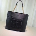 Top Gucci Embossed GG Leather Tote Black 453561 VS07680
