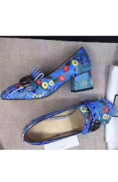 Gucci Flower Leather Mid-heel Pump Blue 461947 VS02439