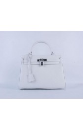 Hermes Kelly 28cm Shoulder Bags White Grainy Leather Silver VS02784