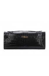 Hermes Kelly Clutch Bag Croco Leather K1002 Black VS09550