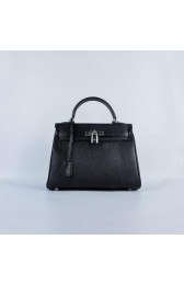 Knockoff Hermes Kelly 28cm Shoulder Bags Black Grainy Leather Silver VS01271