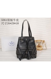 Knockoff PRADA B5061H Black Studded Leather Bucket Bag VS02259