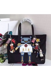Prada Robot Fabric Tote Bag Black and Pale Blue 1BG052 VS07359
