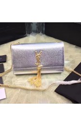 Replica Medium Kate Monogram Saint Laurent Tassel Satchel in Silver Metallic Leather 354119 VS03499