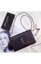 Saint Laurent Chain Wallet in Black Crocodile Embossed Leather 377829 VS06704