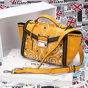 2014 Latest Prada Embroidered Saffiano Flap Bag 50321 in Yellow LSS VS03669