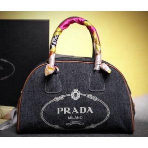 AAA Prada Logo Printed Mudium Canvas Denim Tote Bags BN2911 Black VS03170