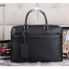 AAAAA Replica PRADA Grainy Leather Business Briefcase P002 Black VS03997
