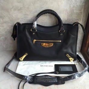Balenciaga Classic Gold Metallic Edge City Goat Leather Bag Black 101420 VS01391