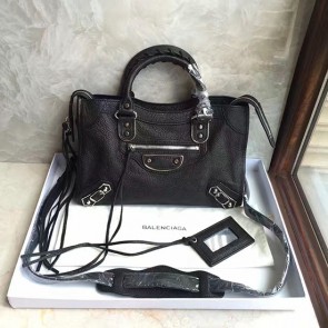 Balenciaga Classic Silver Metallic Edge City Goat Leather Bag Black 101420 VS03700