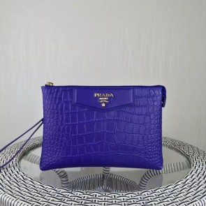 Best Prada Croco Leather Clutch PD991 Blue VS00519