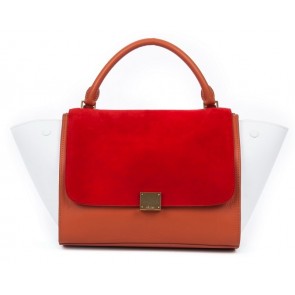 Celine Trapeze tote Bag 3042 in White with Brown Original Leather with Red Suede Fug VS09510