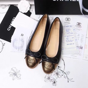 Chanel Black Lambskin Ballet Flats Gold Cap Toe CH1610 VS04269
