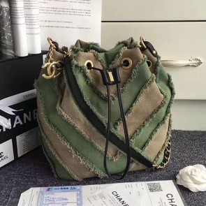 Chanel Canvas Patchwork Drawstring Bag Khaki A93727 VS09039